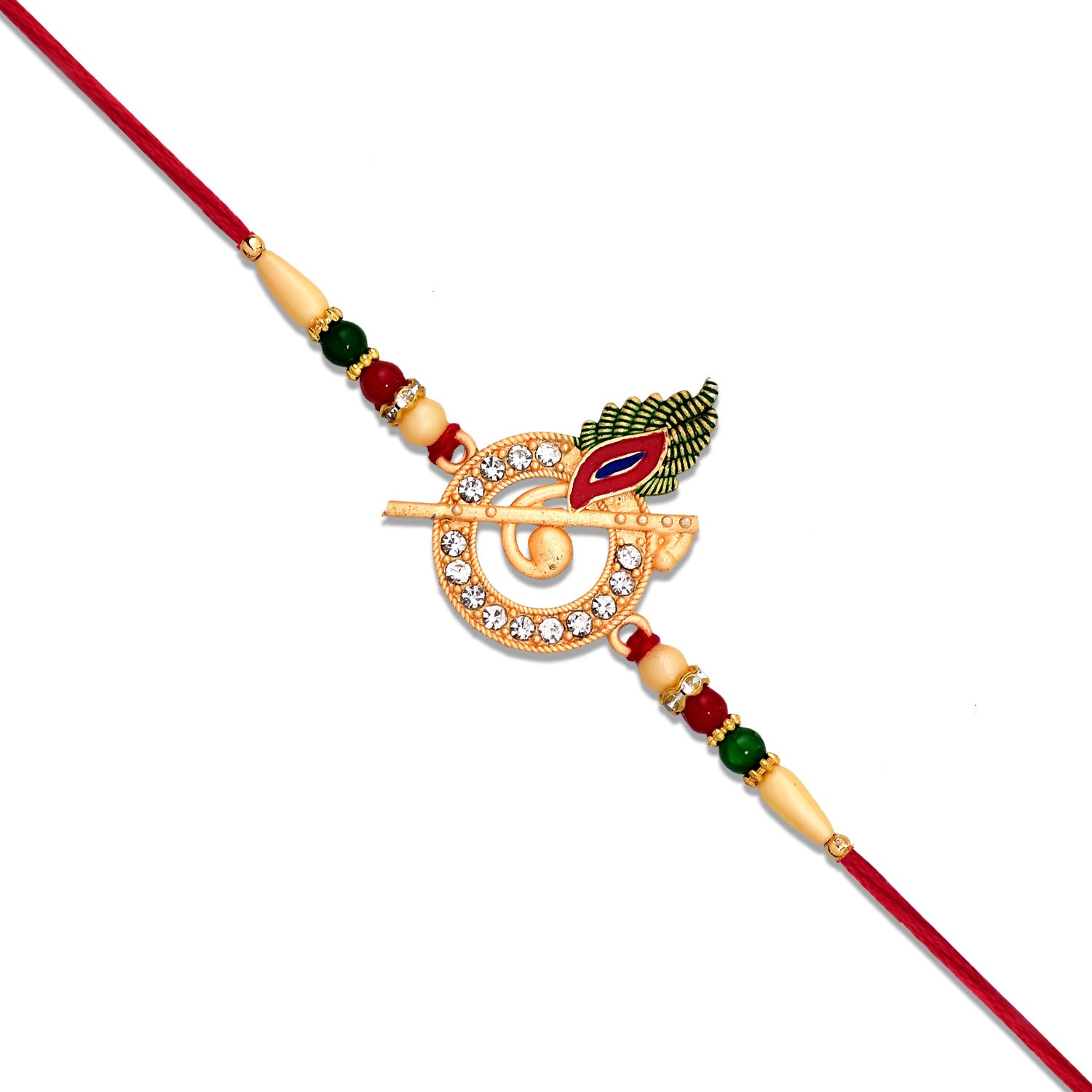 Krishna Flute Rakhi With Stone Studded Peacock Feather Design Krishna Flute Rakhi With Stone Studded Peacock Feather Design